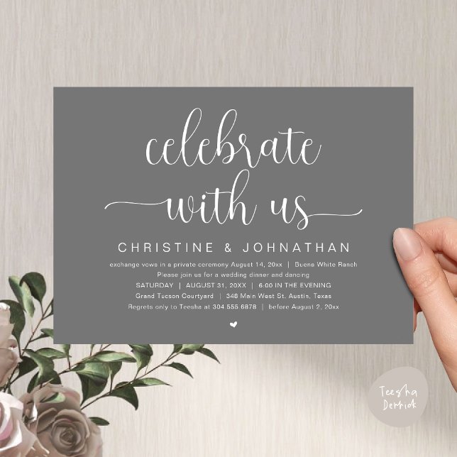 Convites Celebrar conosco, Partido do Janto de Elopemento d (Celebrate with us, Wedding Elopement Dinner Party Dancing Invites Card, pdf, classy dark grey)