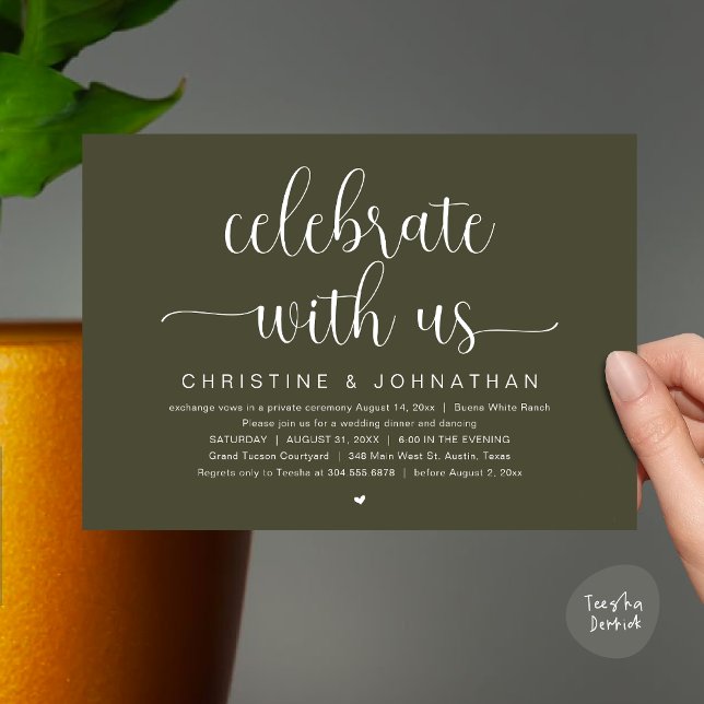 Convites Celebrar conosco, Partido do Janto de Elopemento d (Celebrate with us, Wedding Elopement Dinner Party Dancing Invites Card, pdf, classy olive green)