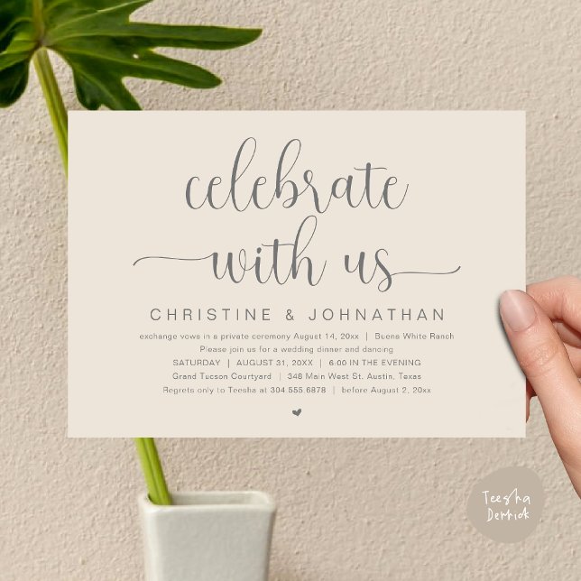 Convites Celebrar conosco, Partido do Janto de Elopemento d (Celebrate with us, Wedding Elopement Dinner Party Dancing Invites Card, pdf, classy cream grey)