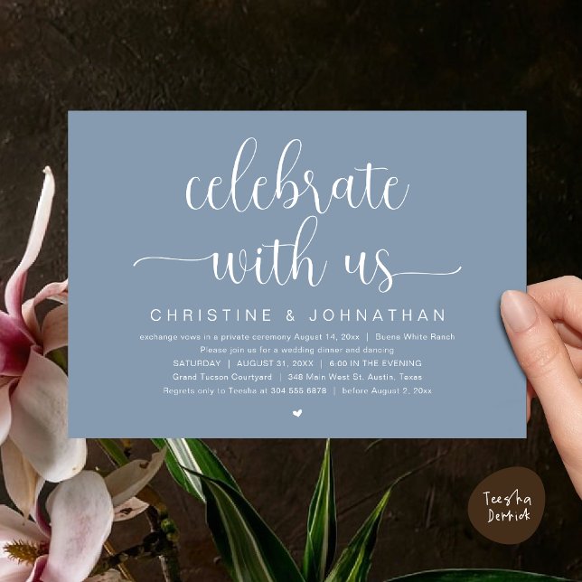Convites Celebrar conosco, Partido do Janto de Elopemento d (Celebrate with us, Wedding Elopement Dinner Party Dancing Invites Card, pdf, classy dusty blue)