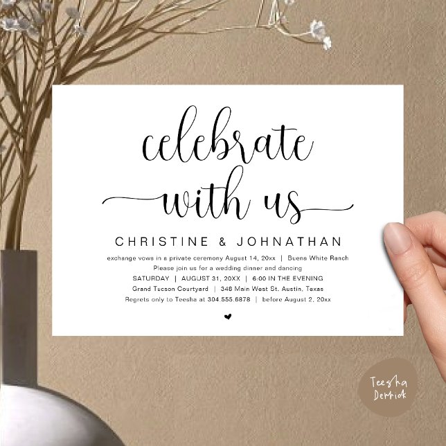 Convites Celebrar conosco, Partido do Janto de Elopemento d (Celebrate with us, Wedding Elopement Dinner Party Dancing Invites Card, pdf, classy black white)
