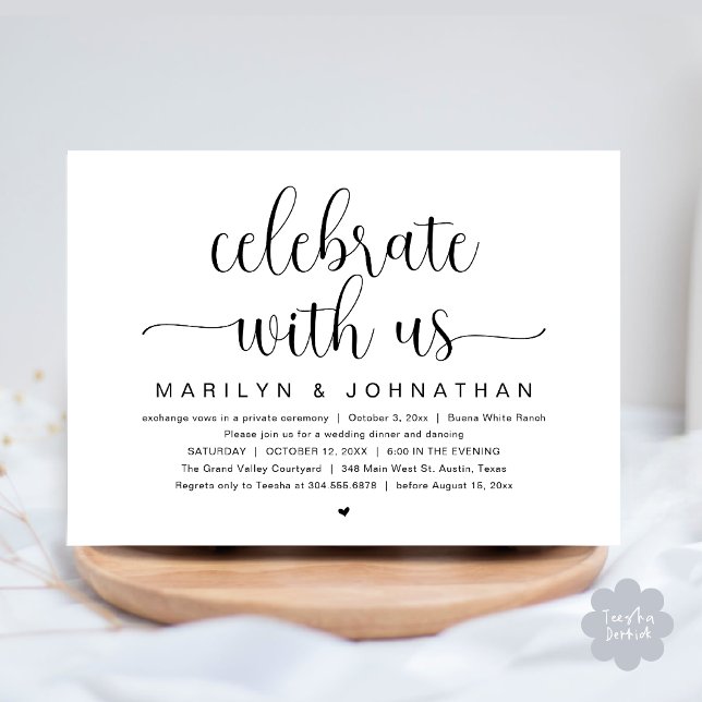 Convites Celebrar conosco, Partido do Janto de Elopemento d (Celebrate with us, Wedding Elopement Dinner Party Dancing Invitation Card PDF White Black)