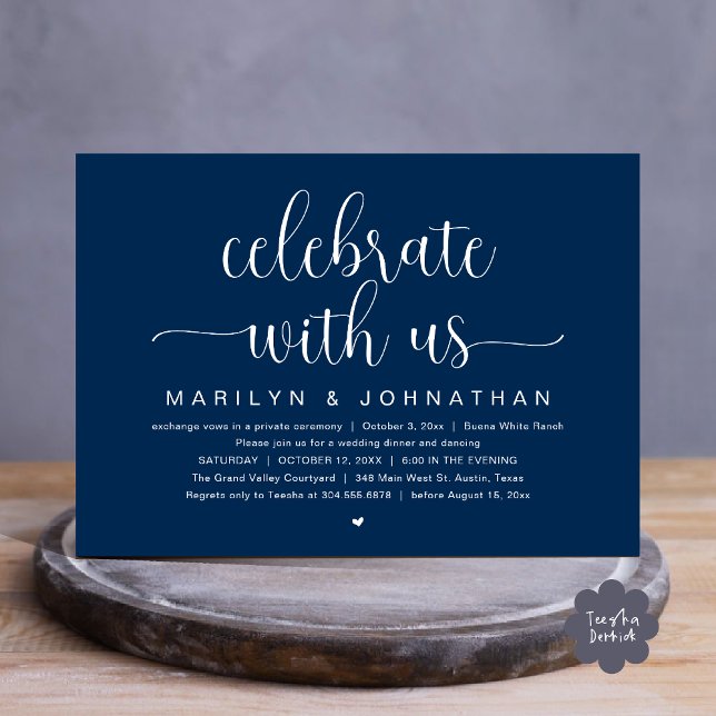 Convites Celebrar conosco, Partido do Janto de Elopemento d (Celebrate with us, Wedding Elopement Dinner Party Dancing Invitation Card PDF Navy Blue)