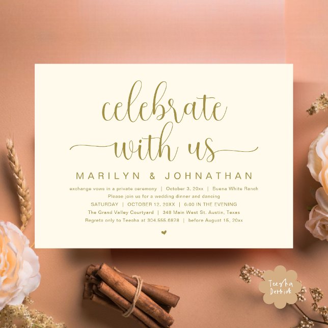 Convites Celebrar conosco, Partido do Janto de Elopemento d (Celebrate with us, Wedding Elopement Dinner Party Dancing Invitation Card PDF Yellow Gold)
