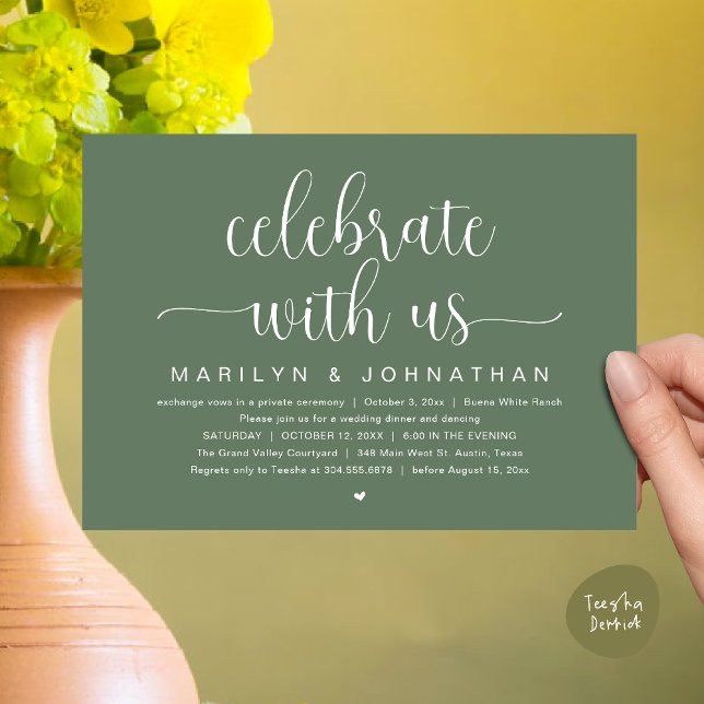 Convites Celebrar conosco, Partido do Janto de Elopemento d (Celebrate with us, Wedding Elopement Dinner Party Dancing Invitation Card PDF Greenery Sage Green)