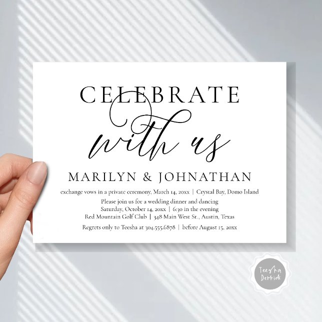 Convites Celebrar conosco, Partido do Janto de Elopemento d (Celebrate with us, Modern Wedding Elopement Dinner Invitation Card, PDF, Modern Romantic Black White)