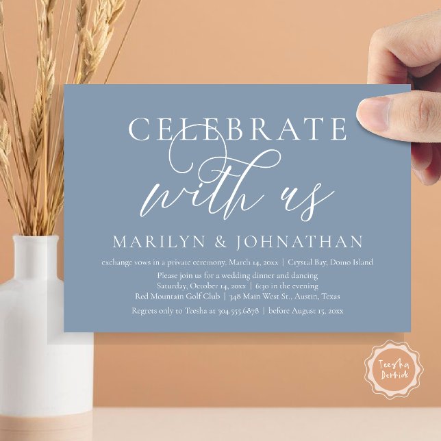Convites Celebrar conosco, Partido do Janto de Elopemento d (Celebrate with us, Modern Wedding Elopement Dinner Invitation Card, PDF, Modern Romantic Dusty Blue)