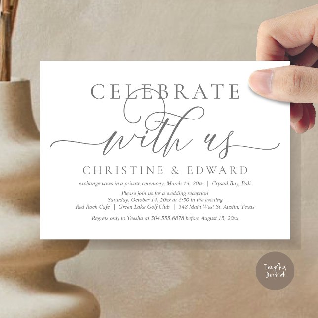 Convites Celebrar conosco, Partido Elopement, Cinza Eterno (Celebrate with us, Romantic Modern Wedding Elopement Invitation Card, PDF, in timeless Grey)