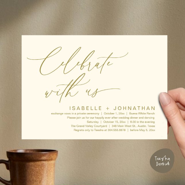 Convites Celebrar conosco, Partido Janto Romântico de Casam (Celebrate with us, Romantic Wedding Dinner Brunch Party Invites Card PDF Modern Classy Yellow Gold)