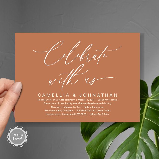 Convites Celebrar conosco, Partido Janto Romântico de Casam (Romantic Wedding Dinner Party, Celebrate with us Lunch Brunch Modern Invites Card  PDF Copper Brown)
