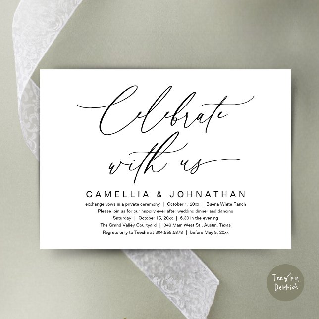 Convites Celebrar conosco, Partido Janto Romântico de Casam (Romantic Wedding Dinner Party, Celebrate with us Lunch Brunch Modern Invites Card  PDF White Black)
