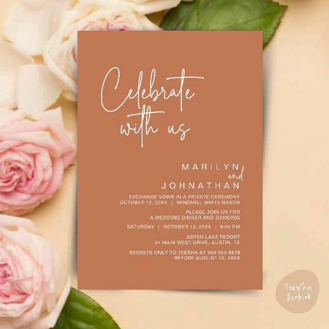 Convites Celebrar conosco, Partido Moderno da Recepção de c (Celebrate with us, Post Wedding Elopement Party Dinner Brunch Lunch Invitation Card PDF Copper Brown)