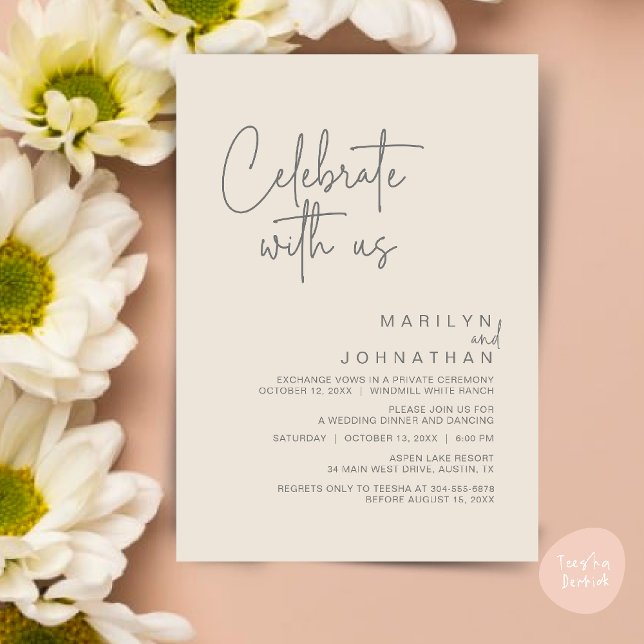 Convites Celebrar conosco, Partido Moderno da Recepção de c (Celebrate with us, Post Wedding Elopement Party Dinner Brunch Lunch Invitation Card PDF Cream Grey)