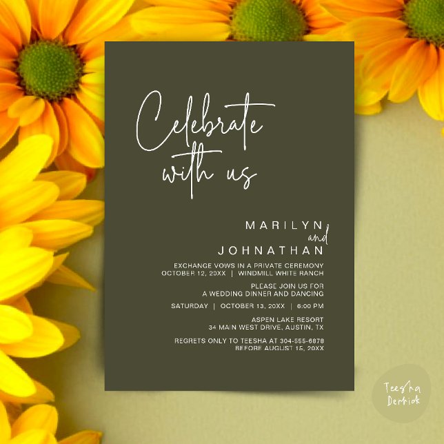 Convites Celebrar conosco, Partido Moderno da Recepção de c (Celebrate with us, Post Wedding Elopement Party Dinner Brunch Lunch Invitation Card PDF Olive Green)