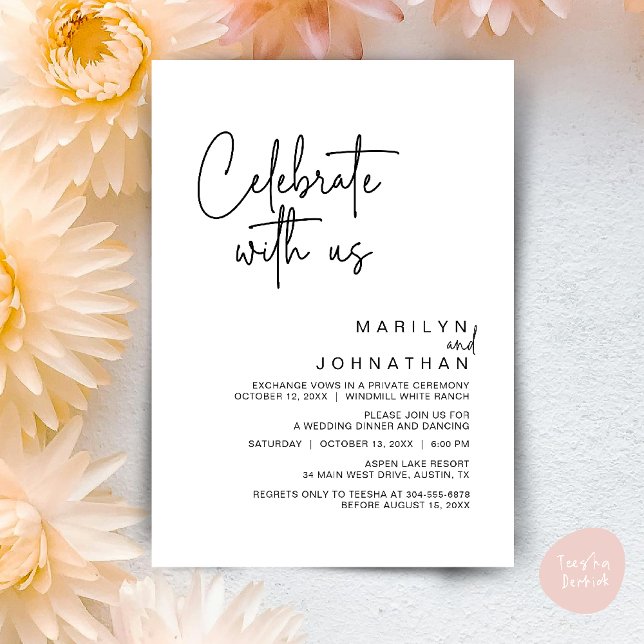 Convites Celebrar conosco, Partido Moderno da Recepção de c (Celebrate with us, Post Wedding Elopement Party Dinner Brunch Lunch Invitation Card PDF Black White)