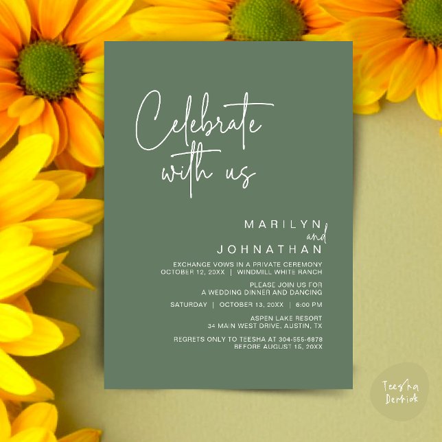 Convites Celebrar conosco, Partido Moderno da Recepção de c (Celebrate with us, Post Wedding Elopement Party Dinner Brunch Lunch Invitation Card PDF Sage Green)