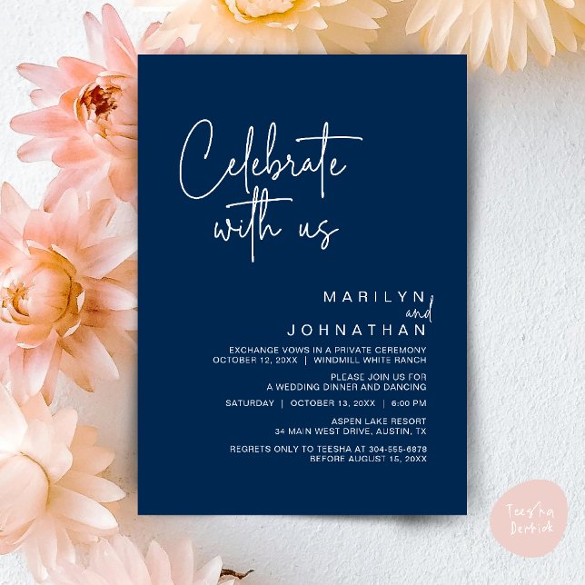 Convites Celebrar conosco, Partido Moderno da Recepção de c (Celebrate with us, Post Wedding Elopement Party Dinner Brunch Lunch Invitation Card PDF Navy Blue)