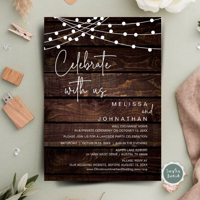 Convites Celebrar Conosco, Partido Russo Do Elopemento De C (Celebrate with us, Wedding Elopement Dinner Party Invitation Cards, String Lights Rustic Wood Design)