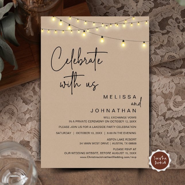Convites Celebrar Conosco, Partido Russo Do Elopemento De C (Celebrate With Us, Rustic Wedding Elopement Party Invitation Card, Cottage Brown Kraft String Lights)