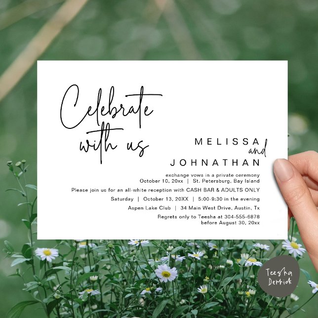 Convites Celebrar conosco, Recepção de casamento Cash Bar (Celebrate with us, Wedding Reception Dinner Cash Bar Adults Only Invitation Card PDF in White Black)