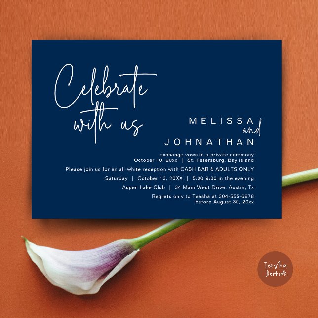 Convites Celebrar conosco, Recepção de casamento Cash Bar (Celebrate with us, Wedding Reception Dinner Cash Bar Adults Only Invitation Card PDF in Navy Blue)
