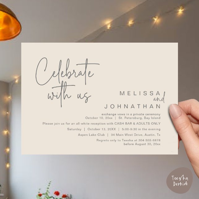 Convites Celebrar conosco, Recepção de casamento Cash Bar (Celebrate with us, Wedding Reception Dinner Cash Bar Adults Only Invitation Card PDF in Cream Grey)