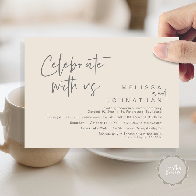 Convites Celebrar conosco, Recepção de casamento Cash Bar (Celebrate with us, Wedding Reception Dinner Cash Bar Adults Only Invitation Card PDF in Cream Grey)