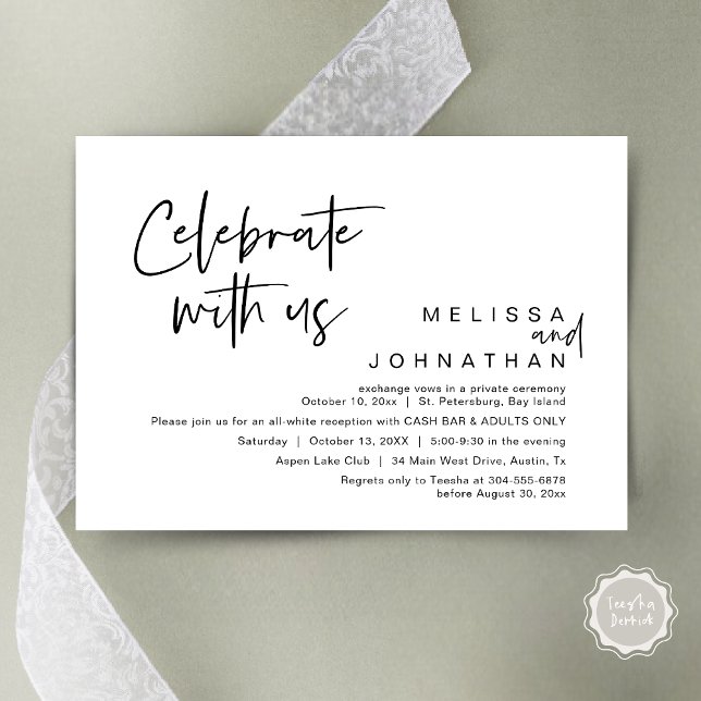 Convites Celebrar conosco, Recepção de casamento Cash Bar (Celebrate with us, Wedding Reception Dinner Cash Bar Adults Only Invitation Card PDF in White Black)