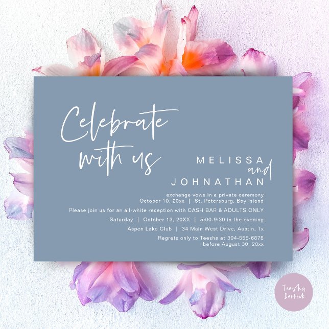 Convites Celebrar conosco, Recepção de casamento Cash Bar (Celebrate with us, Wedding Reception Dinner Cash Bar Adults Only Invitation Card PDF in Dusty Blue)