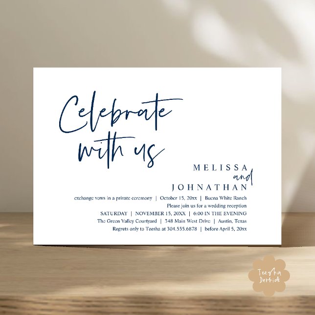 Convites Celebrar conosco Recepção de casamento moderna (Celebrate with us Modern Casual Wedding Reception Dinner Lunch Brunch Invites Card PDF Navy Blue)
