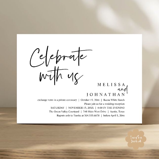 Convites Celebrar conosco Recepção de casamento moderna (Celebrate with us Modern Casual Wedding Reception Dinner Lunch Brunch Invites Card PDF Black White)