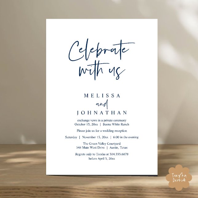 Convites Celebrar conosco, Recepção de casamento moderna (Celebrate with us Modern Casual Wedding Reception Dinner Lunch Brunch Invites Card PDF Navy Blue)