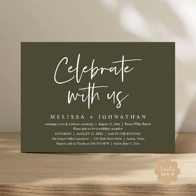 Convites Celebrar conosco Recepção de casamento moderna (Celebrate with us Modern Casual Wedding Reception Dinner Lunch Brunch Invites Card PDF Olive Green)