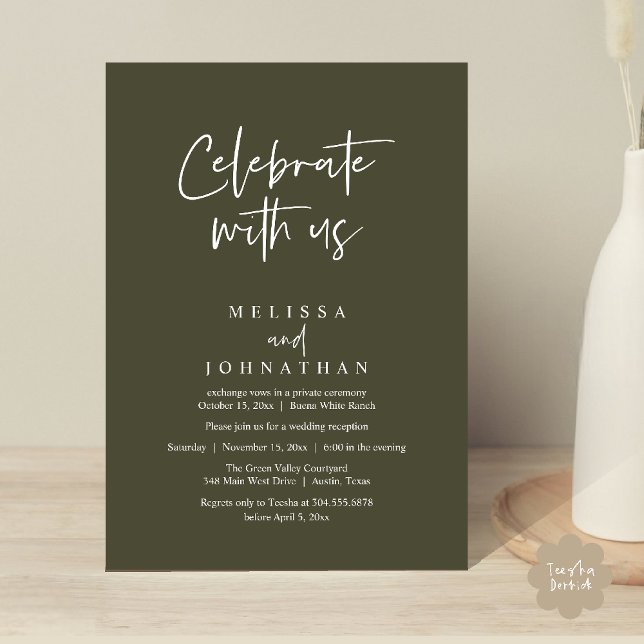 Convites Celebrar conosco, Recepção de casamento moderna (Celebrate with us Modern Casual Wedding Reception Dinner Lunch Brunch Invites Card PDF Olive Green)