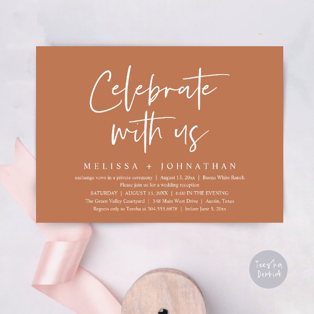 Convites Celebrar conosco Recepção de casamento moderna (Celebrate with us Modern Casual Wedding Reception Dinner Lunch Brunch Invites Card PDF Copper Brown)