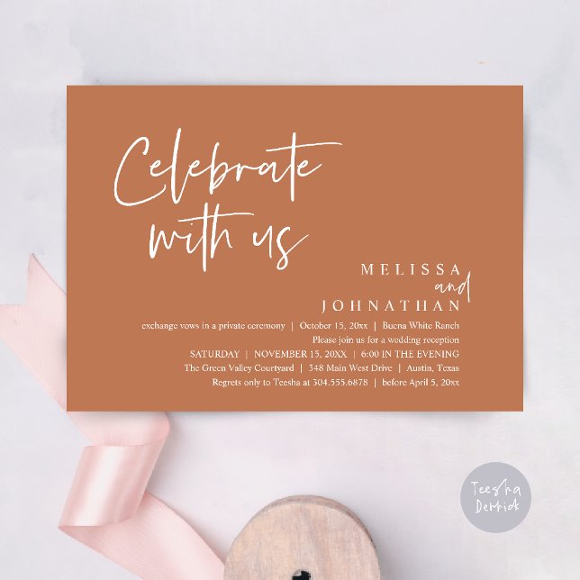 Convites Celebrar conosco Recepção de casamento moderna (Celebrate with us Modern Casual Wedding Reception Dinner Lunch Brunch Invites Card PDF Copper Brown)