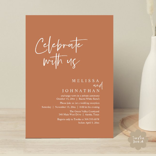 Convites Celebrar conosco, Recepção de casamento moderna (Celebrate with us Modern Casual Wedding Reception Dinner Lunch Brunch Invites Card PDF Copper Brown)