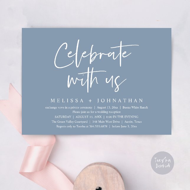 Convites Celebrar conosco Recepção de casamento moderna (Celebrate with us Modern Casual Wedding Reception Dinner Lunch Brunch Invites Card PDF Dusty Blue)