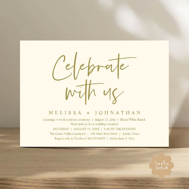 Convites Celebrar conosco Recepção de casamento moderna (Celebrate with us Modern Casual Wedding Reception Dinner Lunch Brunch Invites Card PDF Yellow Gold)