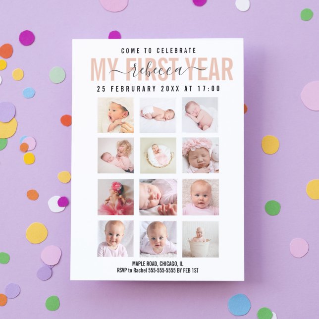 Convites Celebrar Garota Bebê Primeiro Ano 12 Colagem de Fo (Criador carregado)