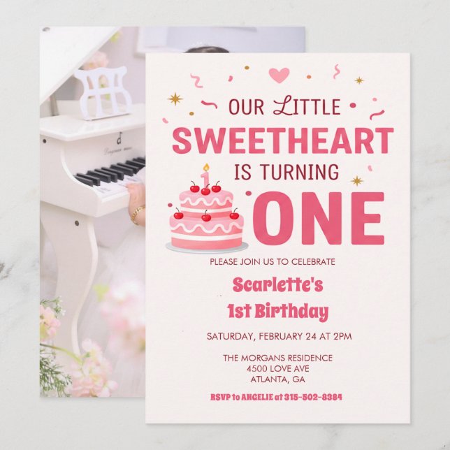Convites Celebrate Little Sweetheart Turning one Photo Cake (Frente/Verso)