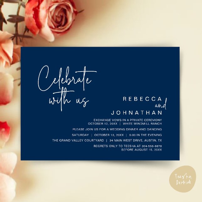 Convites Celebrate with us, Modern Boho Wedding Reception  (Celebrate with us, Modern Boho Wedding Reception Invitation Card PDF Navy Blue)
