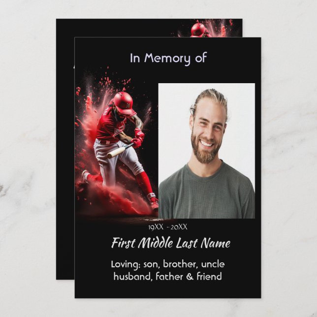 Convites Celebration Life Service Baseball Softball Player (Frente/Verso)