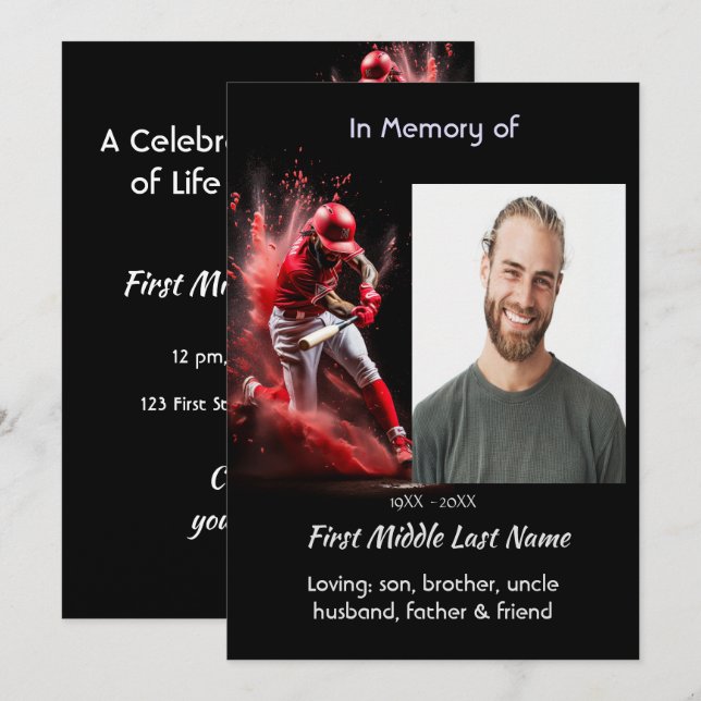 Convites Celebration Life Service Baseball Softball Player (Frente/Verso)