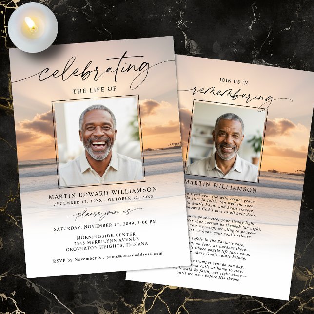 Convites Celebration of Life Beach Sunset Photo Invitation (Criador carregado)