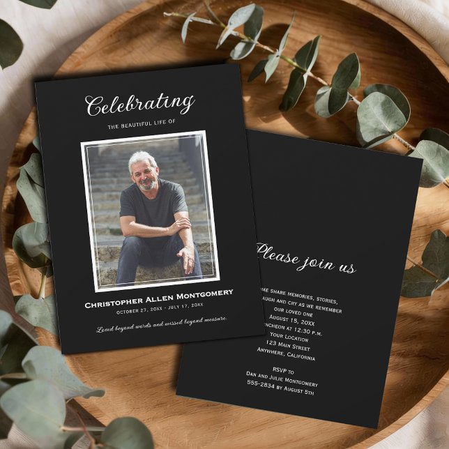Convites Celebration of Life Funeral Memorial (Celebration of Life photo funeral black invitations, PRINTED and/or INSTANT DOWNLOAD)