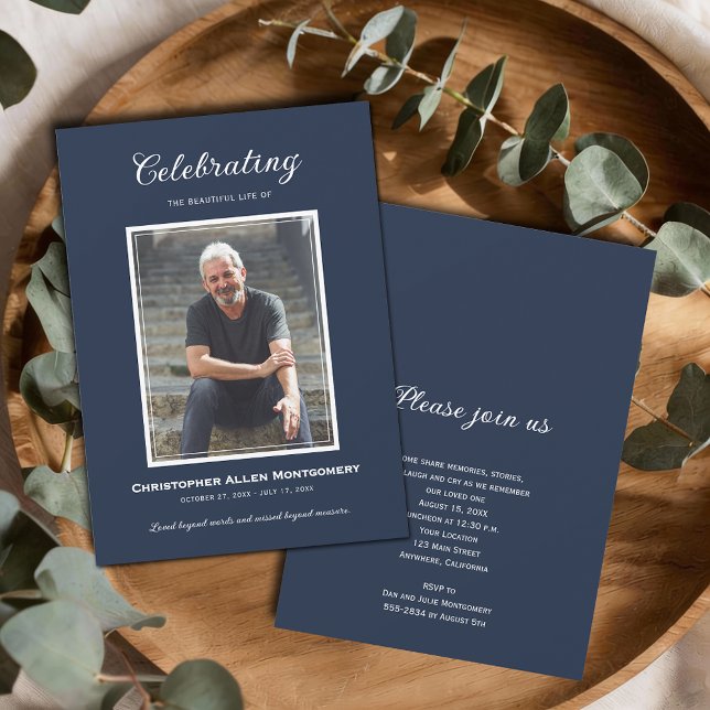 Convites Celebration of Life Funeral Memorial (Celebration of Life photo funeral memorial navy blue invitations, PRINTED and/or INSTANT DOWNLOAD)