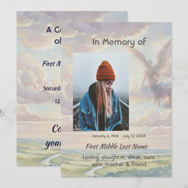 Convites Celebration of Life Invite Angel Sky Clouds (Frente/Verso)