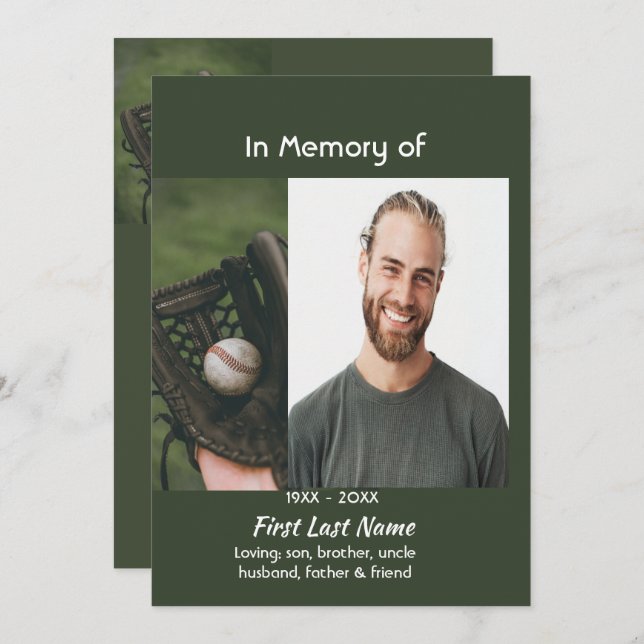 Convites Celebration of Life Service Baseball Game Player  (Frente/Verso)