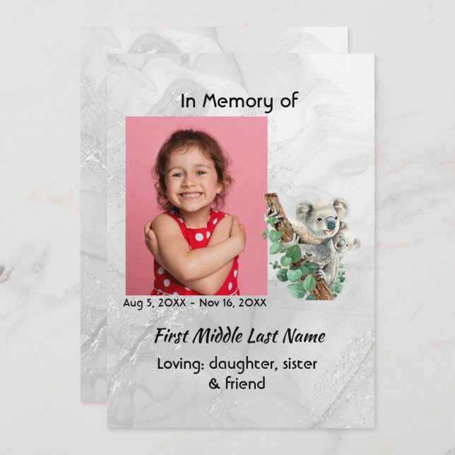 Convites Celebration of Life Service Cute Koala Bear Kids (Frente/Verso)